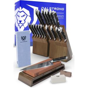DALSTRONG 18-piece Gladiator Series Knife Block & Whetstone Grit Set – German HC Steel Blades – Acacia Wood Stand – White ABS Handles – NSF Certificate – Premium Corundum Thick Sharpening Stones