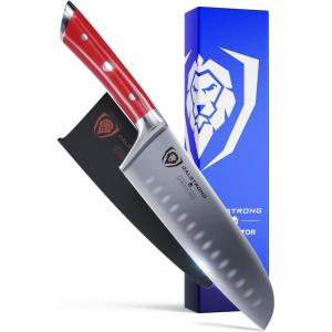Dalstrong Santoku Knife – 5 inch – Gladiator Series Elite – Forged German High Carbon Steel – Black G10 Handle Kitchen Knife – Asian Vegetable Cooking Knife – Sheath Included – NSF Certified(Red ABS Handle)