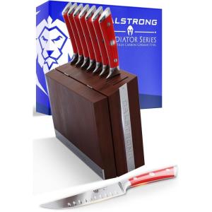 Dalstrong Steak Knife Set – 8 Piece – 5 inch Straight Edge Blade – Gladiator Series Elite – Forged High-Carbon German Steel Dinner Kitchen Knife – Black G10 Handle – Folding Block Set – NSF Certified(Red)