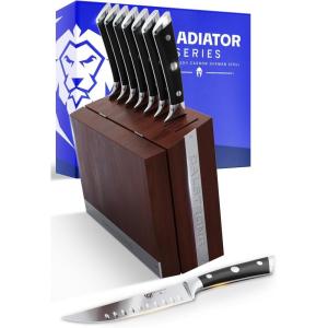 Dalstrong Steak Knife Set – 8 Piece – 5 inch Straight Edge Blade – Gladiator Series Elite – Forged High-Carbon German Steel Dinner Kitchen Knife – Black G10 Handle – Folding Block Set – NSF Certified(Black)