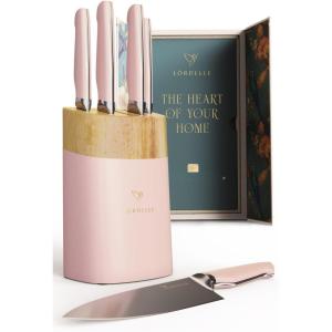 LORDELLE Knife Block Set – 5 Piece Set – Black Vintage Ink – Lifestyle Home Kitchen Design – German X50 Stainless Steel – ABS Handle – Ash Wood Block – Cooking Chef Knife, Santoku, Paring, Utility(Rosewood)