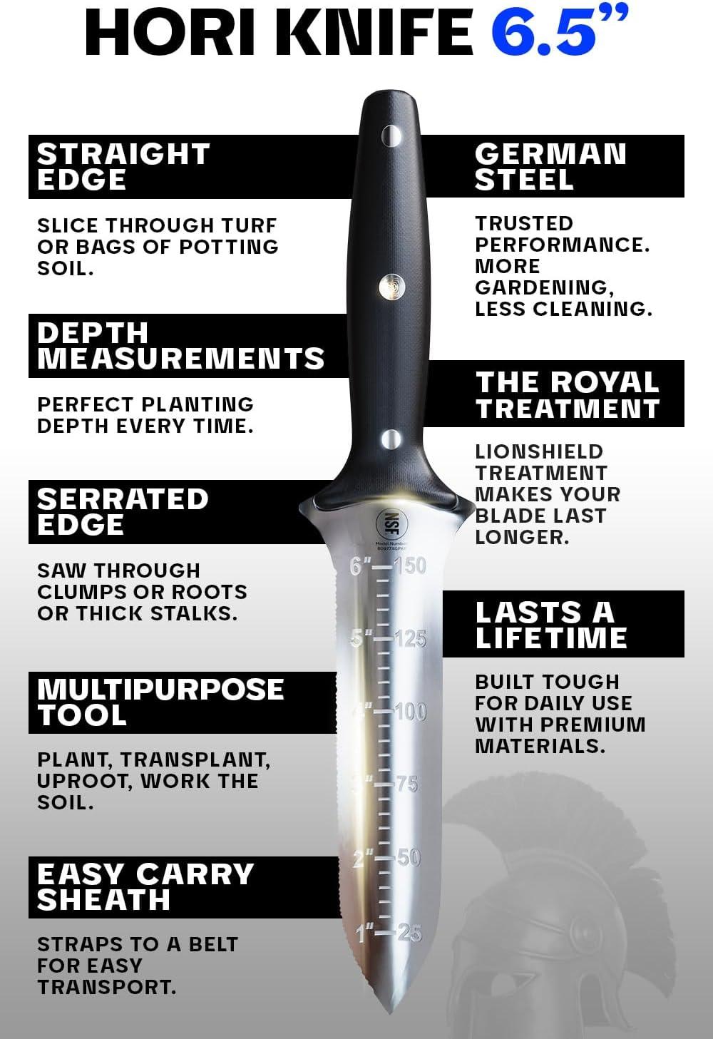 image:imageDALSTRONG Hori Hori Garden Knife 65 inch Straight Edge Serrated Edge Gladiator Series Elite Forged German Steel Sheath Guard Included Weeding Cutting Digging Planting NSF Certified
