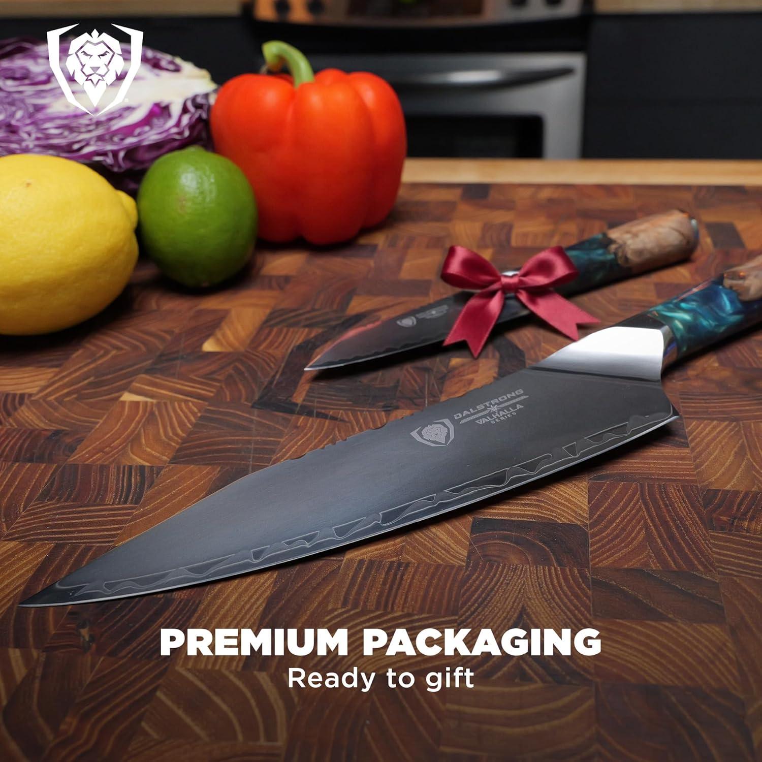 image:imageDalstrong 2 Piece Set Chef Knife 8 inch Paring Knife 8 inch Valhalla Series Ravenstone Black Blade Titanium Coated Premium 9CR18MOV HC Steel Resin amp Wood Handle Leather SheathBlue