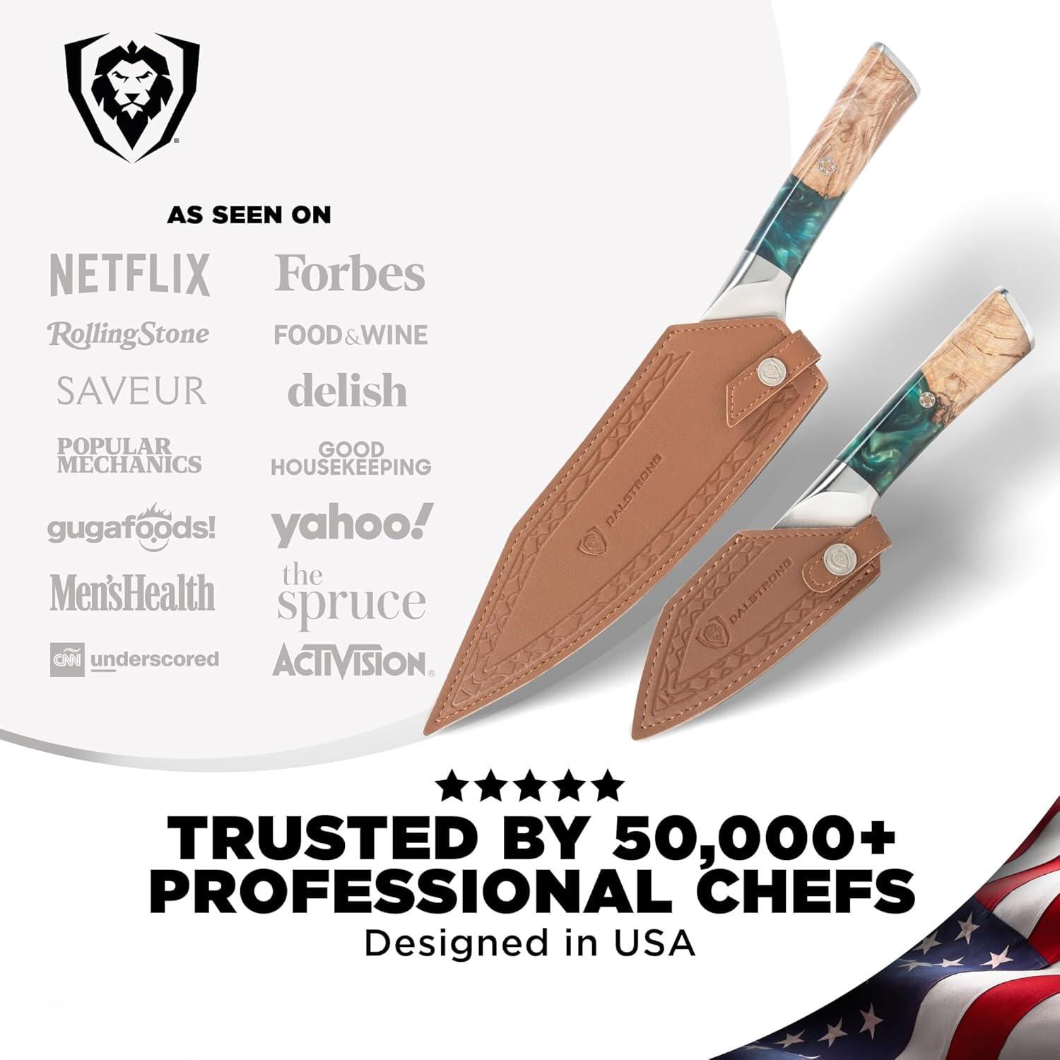 image:imageDalstrong 2 Piece Set Chef Knife 8 inch Paring Knife 8 inch Valhalla Series Ravenstone Black Blade Titanium Coated Premium 9CR18MOV HC Steel Resin amp Wood Handle Leather SheathBlue