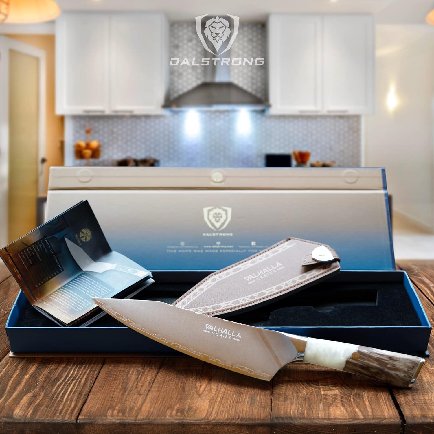 image:imageDalstrong 2 Piece Set Chef Knife 8 inch Paring Knife 8 inch Valhalla Series Ravenstone Black Blade Titanium Coated Premium 9CR18MOV HC Steel Resin amp Wood Handle Leather SheathWhite