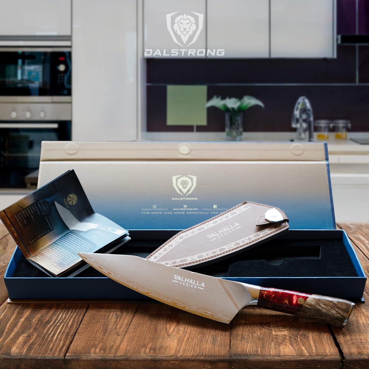 image:imageDalstrong 2 Piece Set Chef Knife 8 inch Paring Knife 8 inch Valhalla Series Ravenstone Black Blade Titanium Coated Premium 9CR18MOV HC Steel Resin amp Wood Handle Leather SheathRed