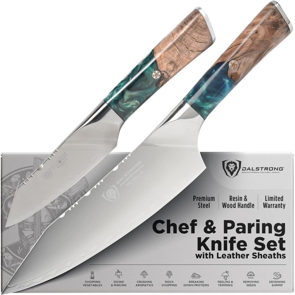 image:imageDalstrong 2 Piece Set Chef Knife 8 inch Paring Knife 8 inch Valhalla Series Ravenstone Black Blade Titanium Coated Premium 9CR18MOV HC Steel Resin amp Wood Handle Leather SheathBlue