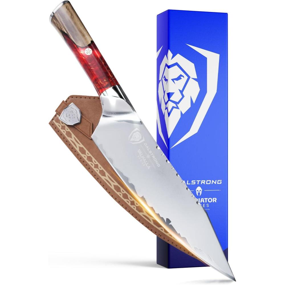 image:imageDalstrong 2 Piece Set Chef Knife 8 inch Paring Knife 8 inch Valhalla Series Ravenstone Black Blade Titanium Coated Premium 9CR18MOV HC Steel Resin amp Wood Handle Leather SheathRed