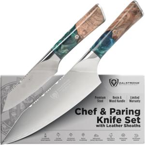 Dalstrong 2 Piece Set – Chef Knife 8 inch – Paring Knife 8 inch – Valhalla Series – Ravenstone Black Blade Titanium Coated – Premium 9CR18MOV HC Steel – Resin & Wood Handle – Leather Sheath(Blue)